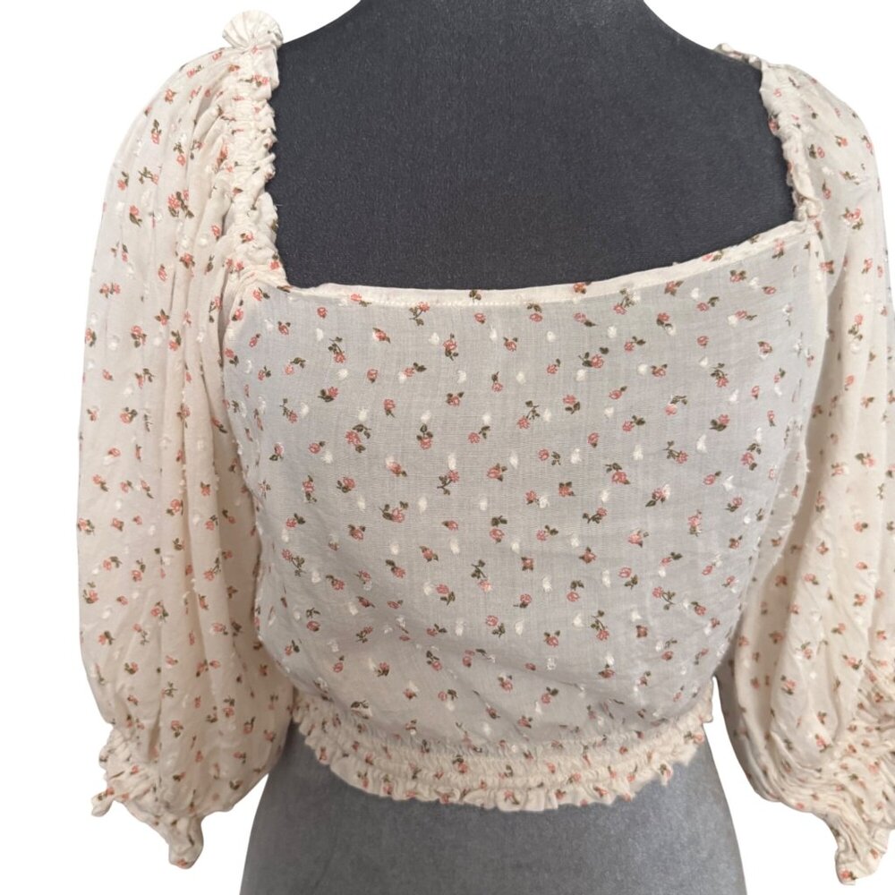 Billabong Floral Print Cropped Peasant Top With Elastic Hem & Puff Sleeves Size - Picture 3 of 6